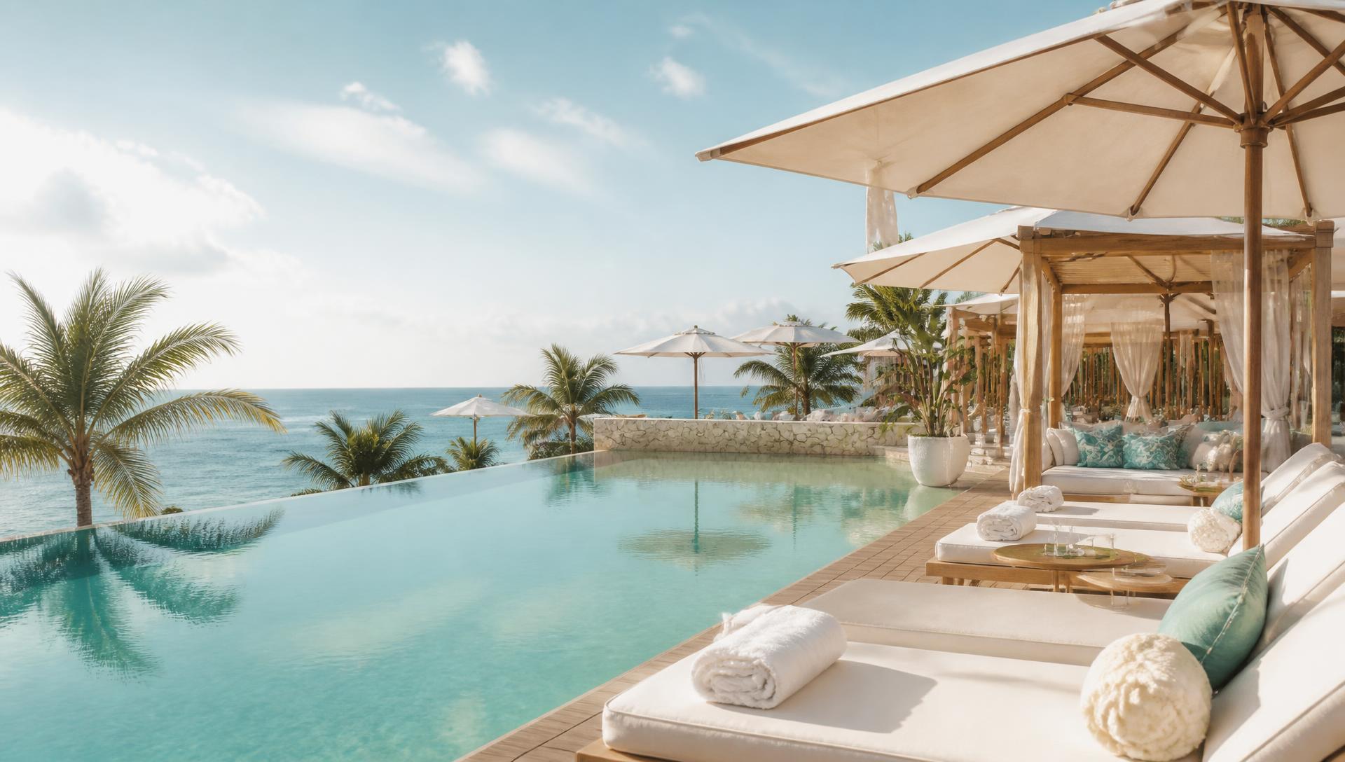 Infinity pool and sun loungers at a coastal beach club